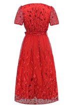 Sequin Leaf Embroidery Tie Front Short Sleeve Dress - Delanoir