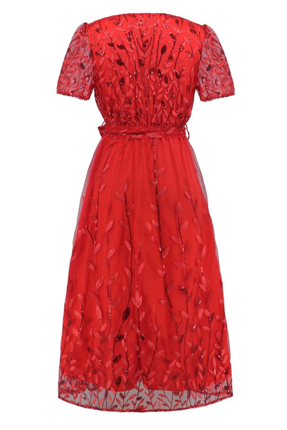 Sequin Leaf Embroidery Tie Front Short Sleeve Dress - Delanoir
