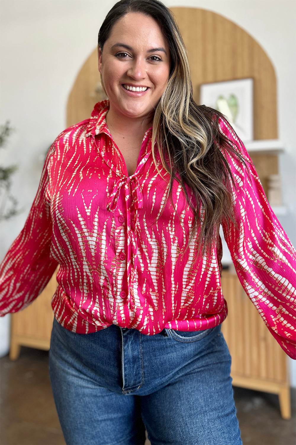 Double Take Full Size Printed Button Up Long Sleeve Shirt - Delanoir
