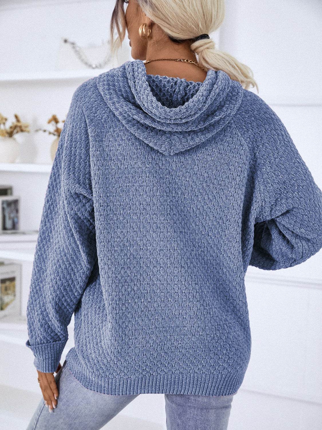 Texture Drawstring Long Sleeve Hooded Sweater - Delanoir