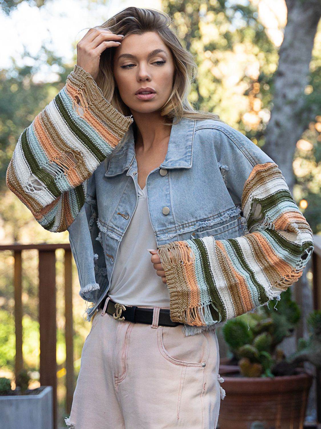 Distressed Striped Long Sleeve Denim Jacket - Delanoir