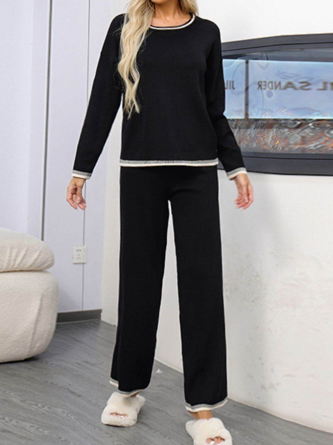 Contrast Trim Round Neck Top and Pants Sweater Set - Delanoir