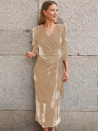Surplice Puff Sleeve Midi Dress - Delanoir