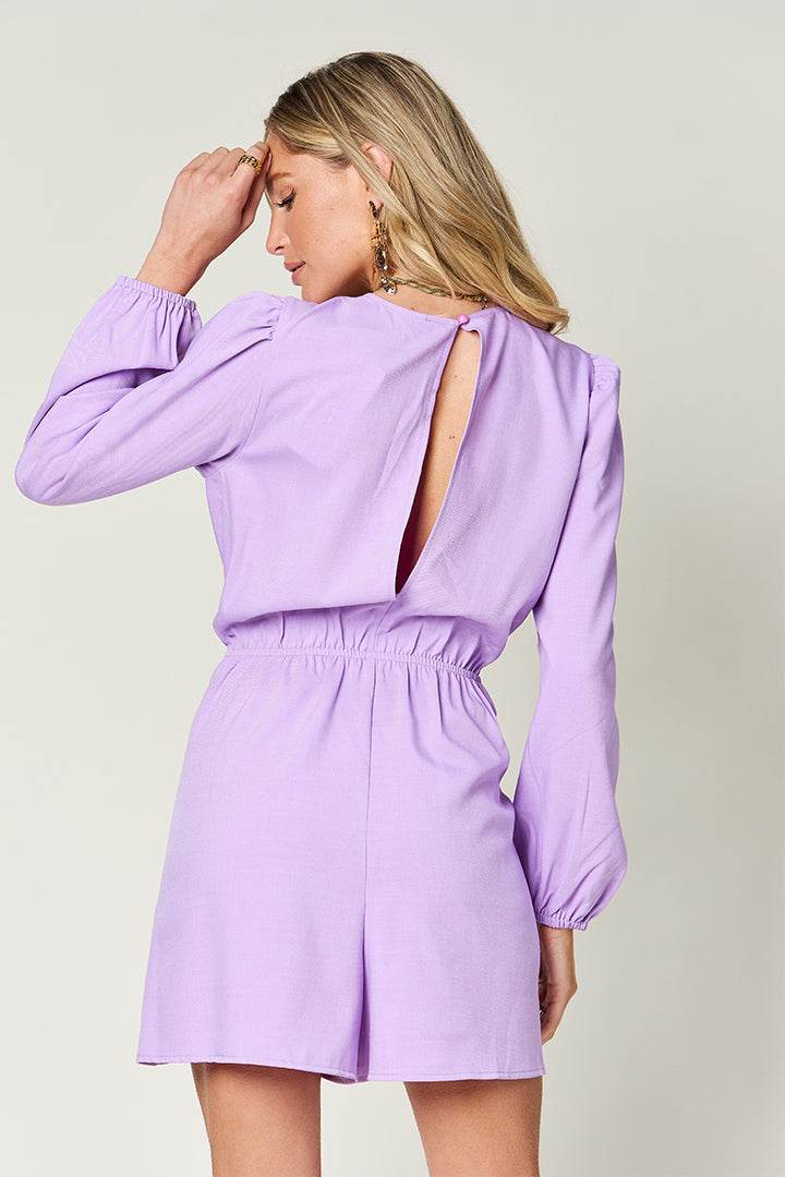 Double Take Full Size Drawstring Long Sleeve Romper - Delanoir