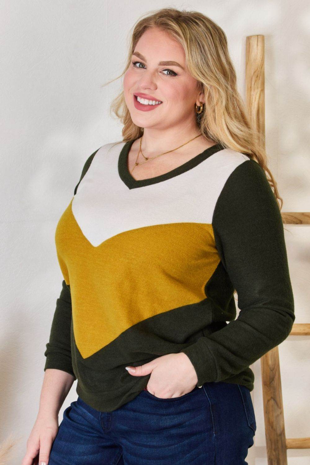 Hailey & Co Full Size Colorblock V-Neck Blouse - Delanoir