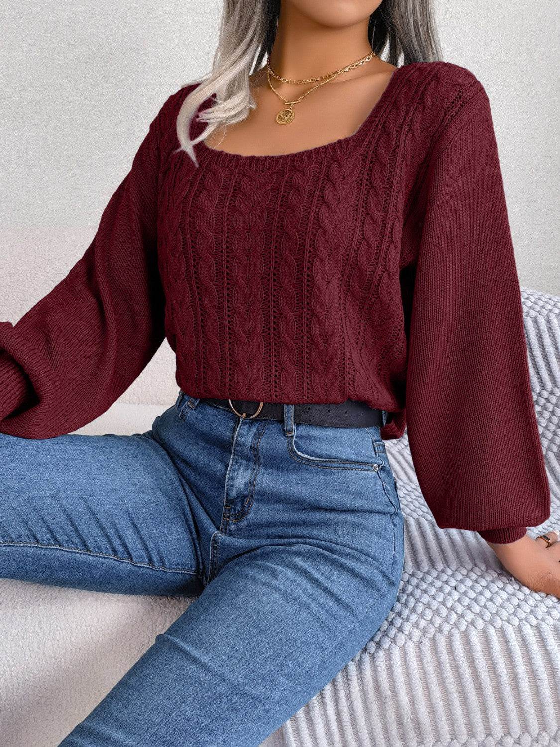 Cable-Knit Square Neck Long Sleeve Sweater - Delanoir