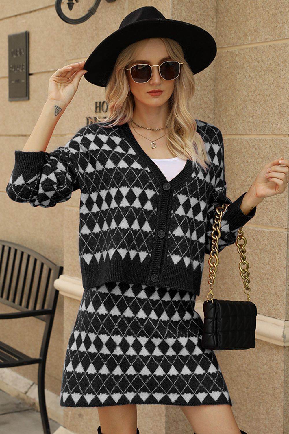 Geometric Dropped Shoulder Cardigan and Knit Skirt Set - Delanoir