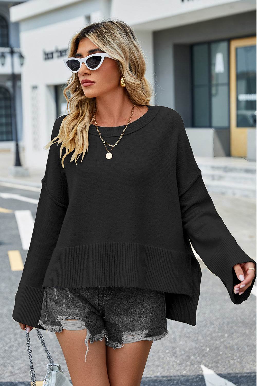 High-Low Slit Round Neck Long Sleeve Sweater - Delanoir