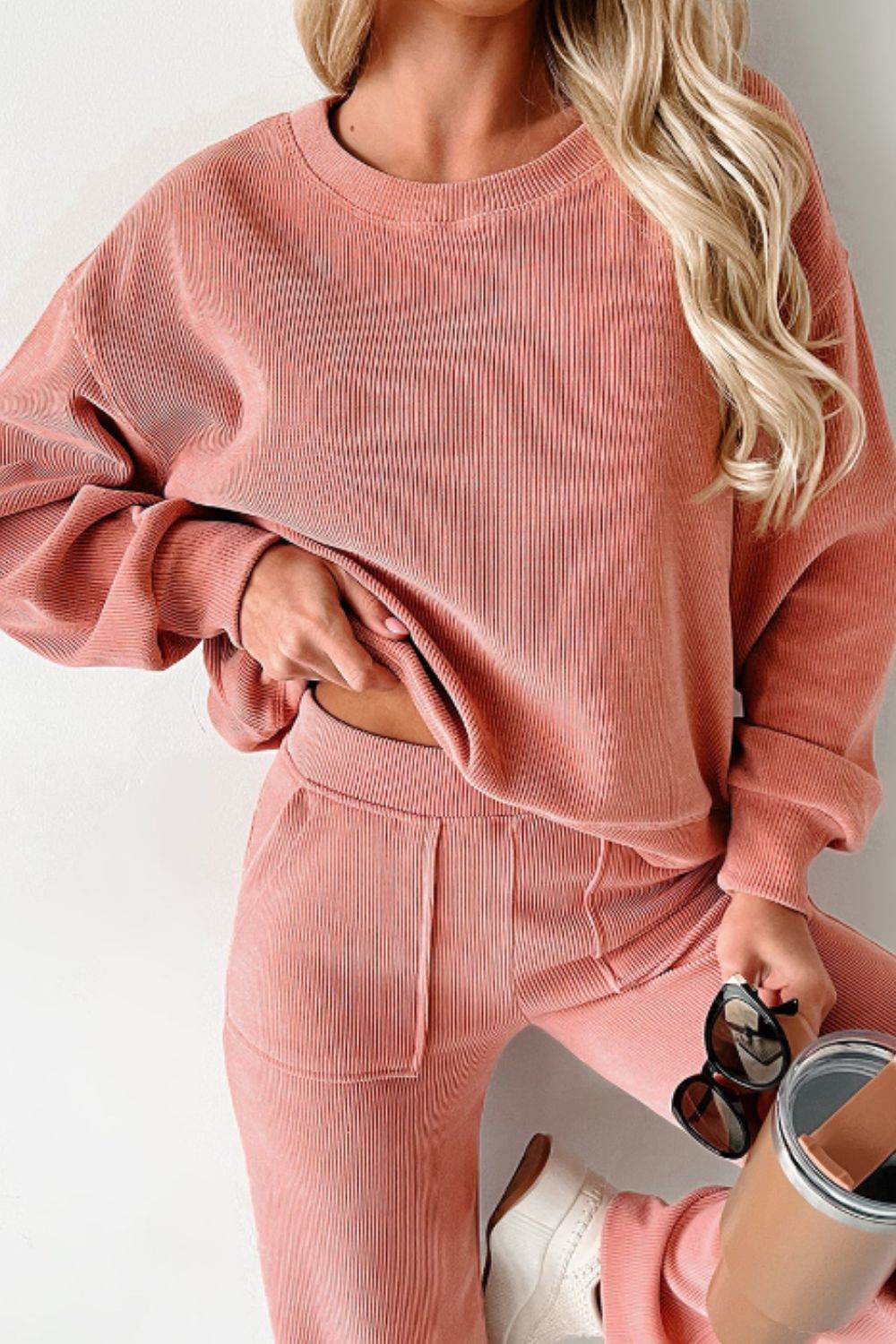 Round Neck Long Sleeve Top and Pants Set - Delanoir