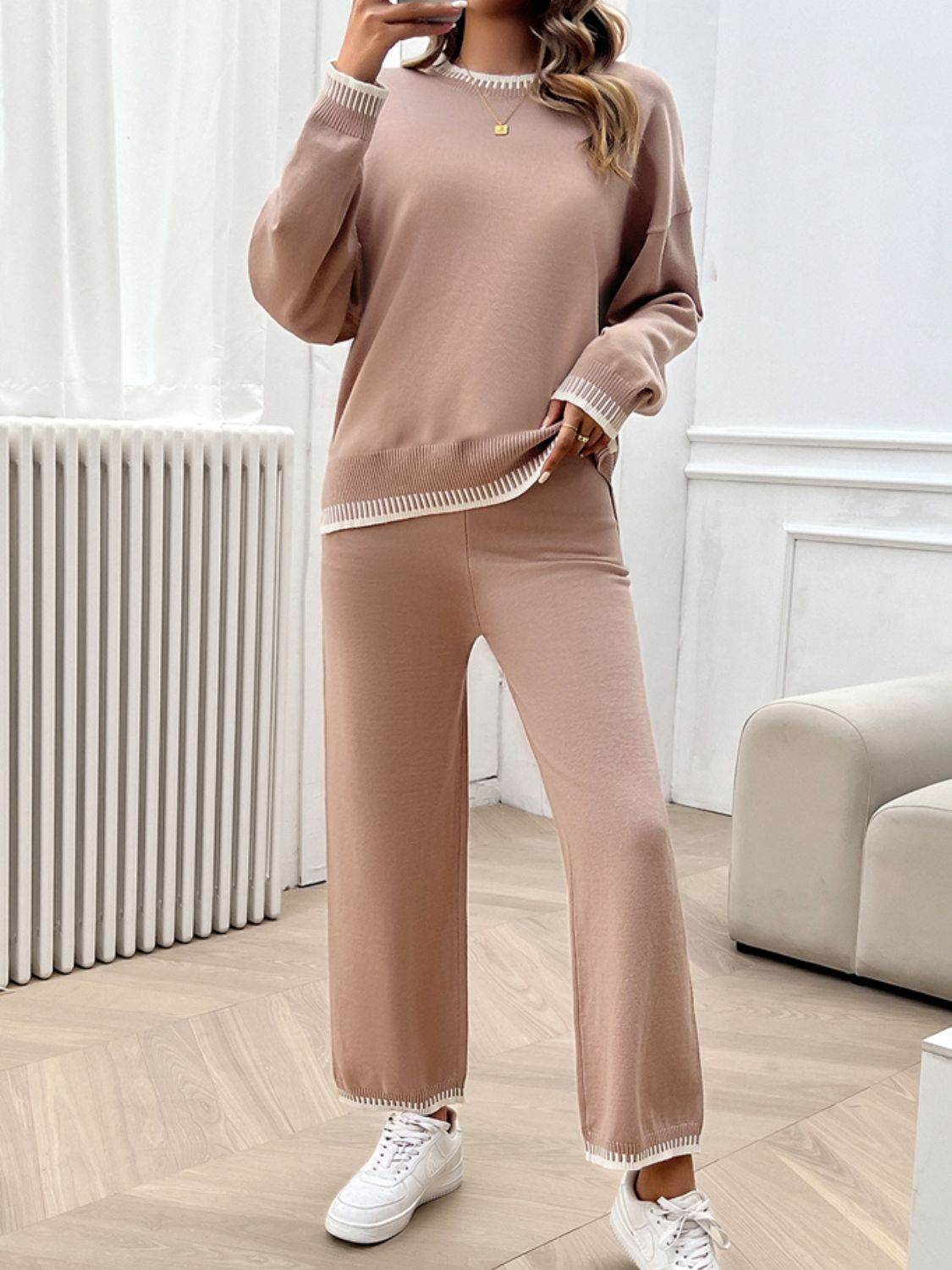 Devine Round Neck Dropped Shoulder Top and Pants Sweater Set - Delanoir