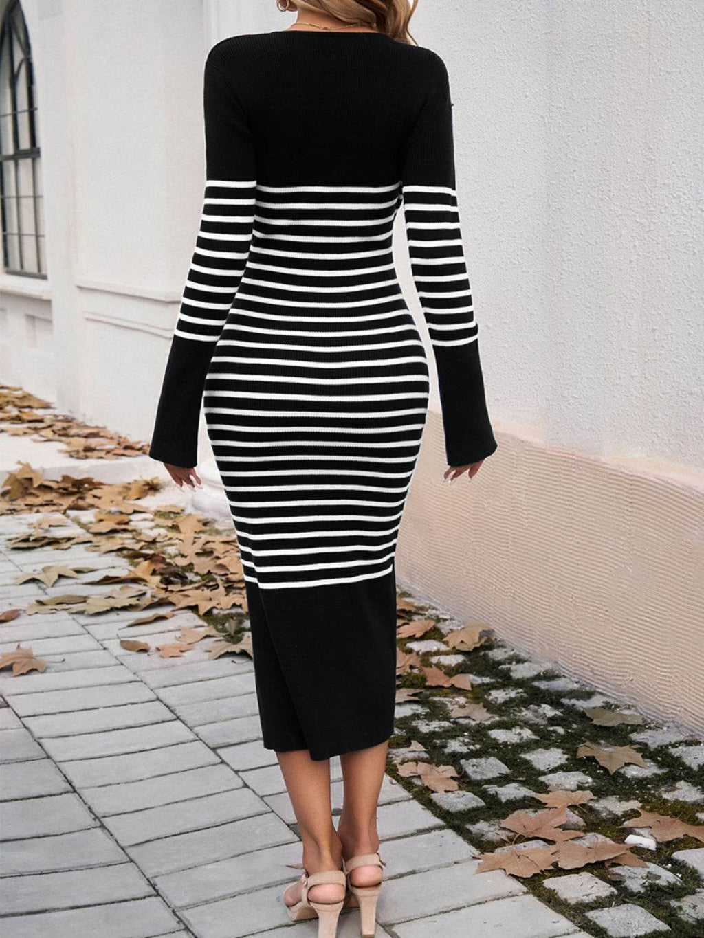 Devine Striped V-Neck Long Sleeve Sweater Dress - Delanoir
