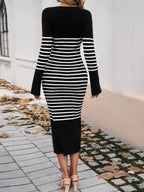 Devine Striped V-Neck Long Sleeve Sweater Dress - Delanoir