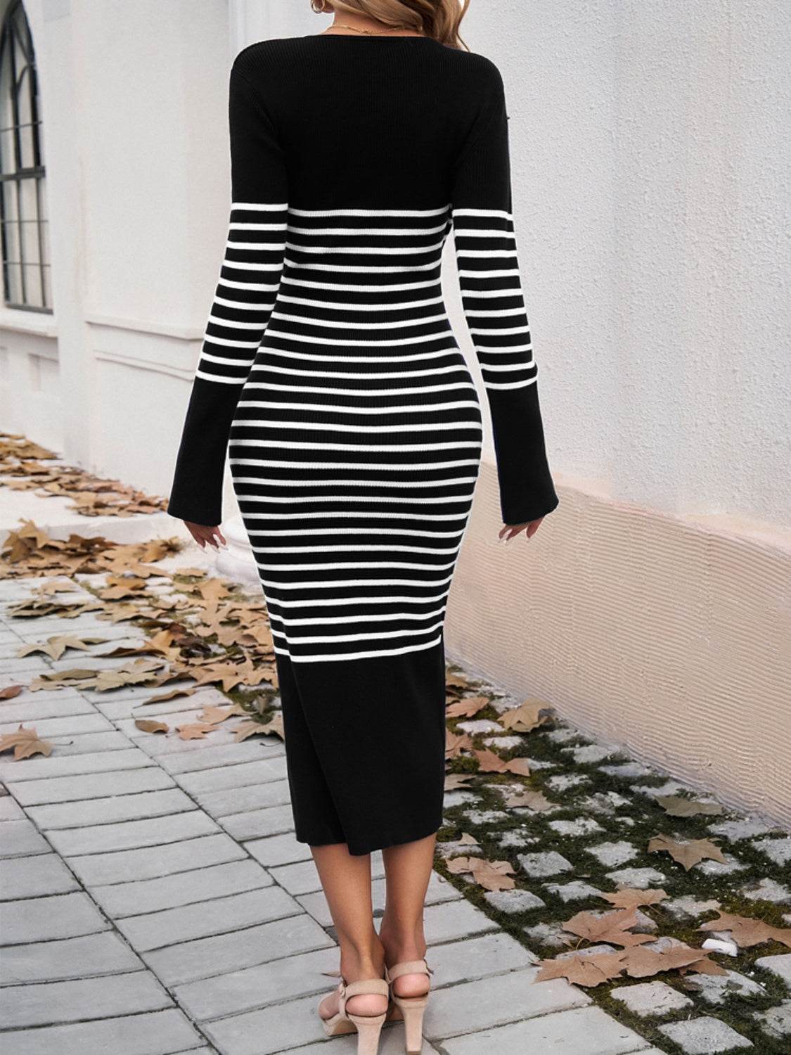 Devine Striped V-Neck Long Sleeve Sweater Dress - Delanoir