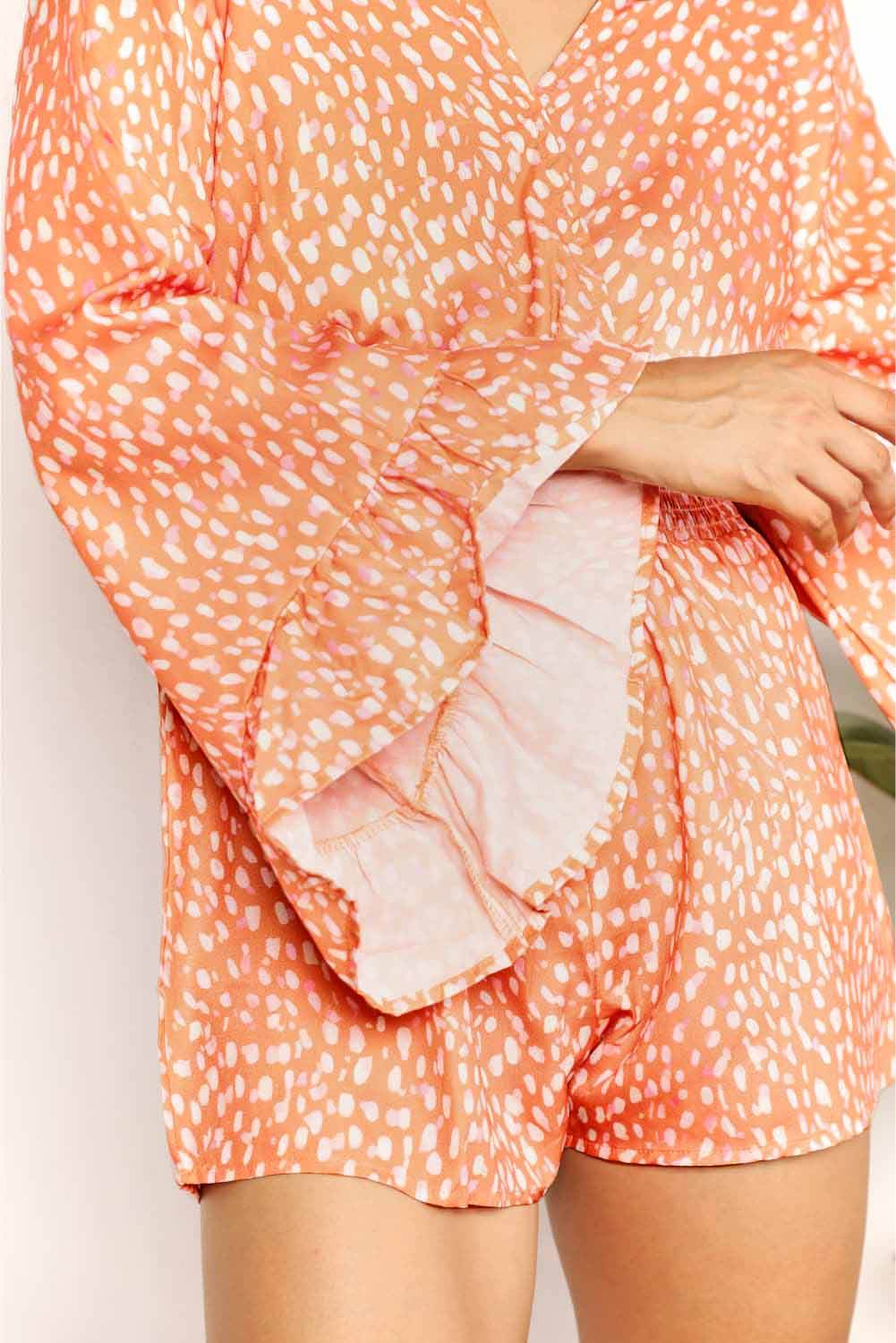 Double Take Printed Flare Sleeve Surplice Romper - Delanoir