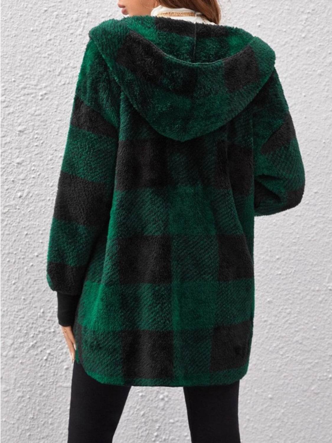 Plaid Long Sleeve Hooded Coat - Delanoir