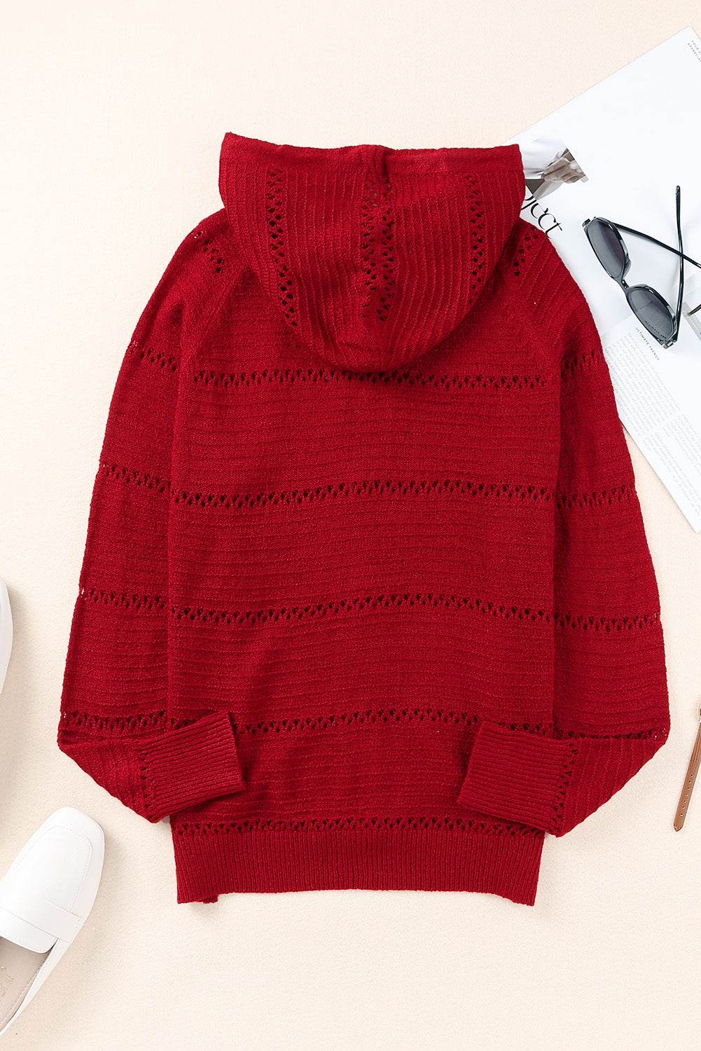 Zip-Up Raglan Sleeve Openwork Hooded Cardigan - Delanoir