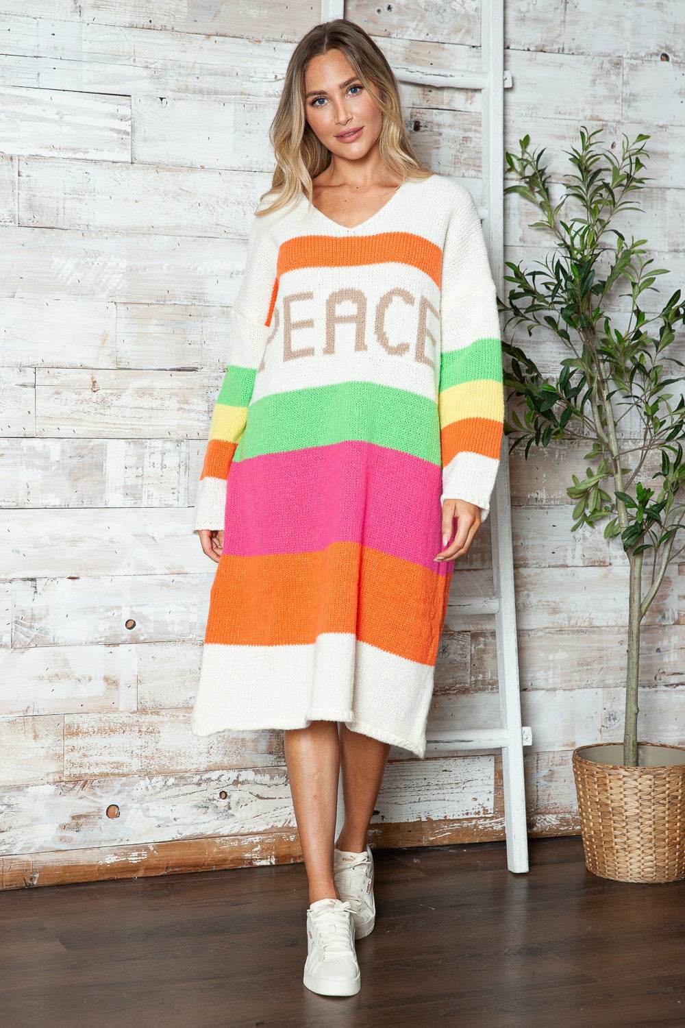 Color Block V-Neck Long Sleeve Sweater Dress - Delanoir