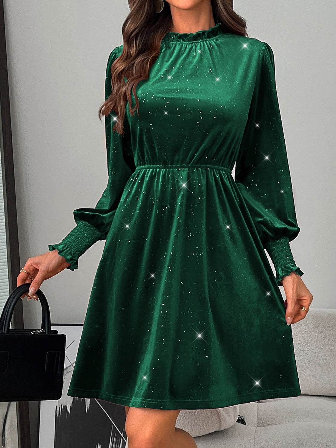 Glitter Mock Neck Long Sleeve Mini Dress - Delanoir