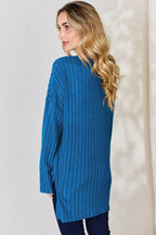 Basic Bae Full Size Ribbed Half Button Long Sleeve High-Low T-Shirt - Delanoir