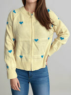 Heart Round Neck Zip Up Cardigan - Delanoir