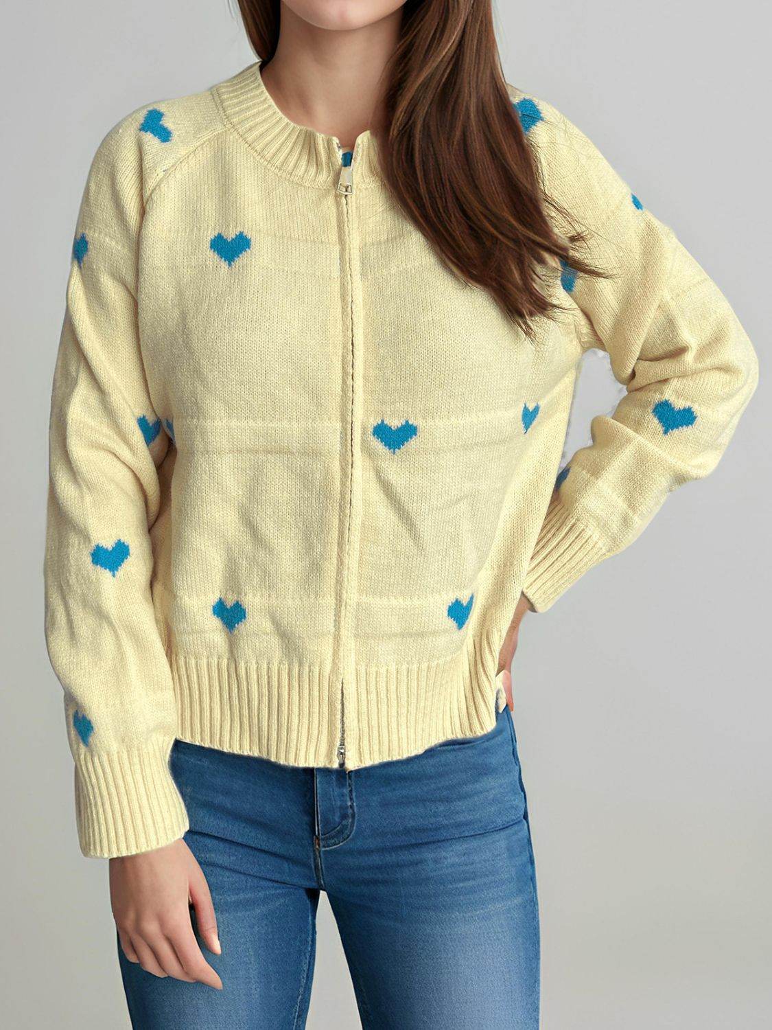 Heart Round Neck Zip Up Cardigan - Delanoir