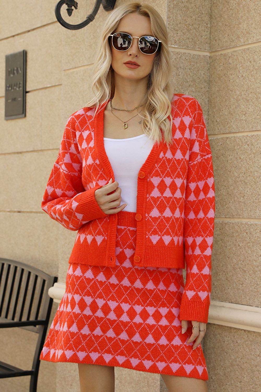 Geometric Dropped Shoulder Cardigan and Knit Skirt Set - Delanoir