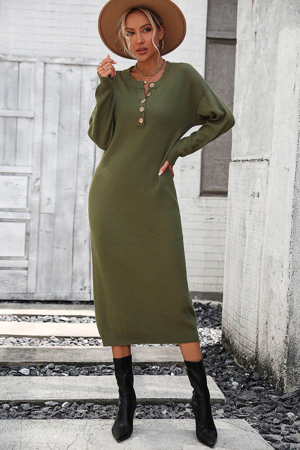 Decorative Button Notched Dropped Shoulder Sweater Dress - Delanoir