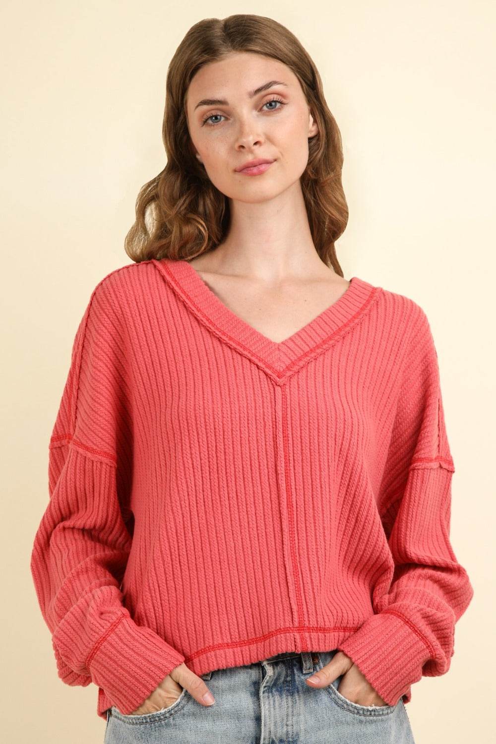 VERY J Exposed Seam V-Neck Ribbed Knit Top - Delanoir