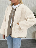 Contrast Button Up Sherpa Jacket with Pockets - Delanoir