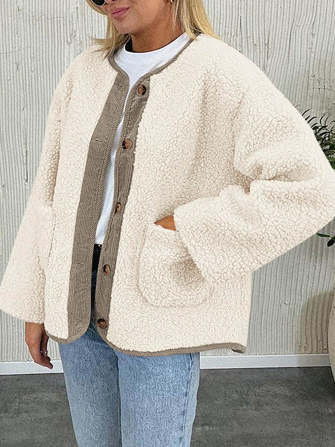 Contrast Button Up Sherpa Jacket with Pockets - Delanoir