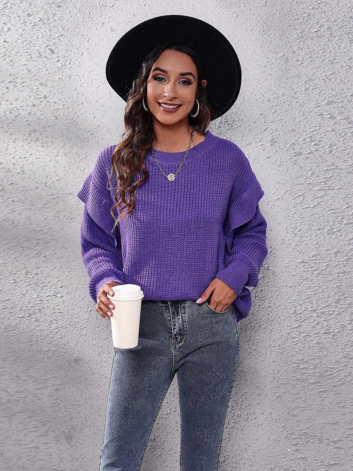 Ruffled Round Neck Dropped Shoulder Sweater - Delanoir