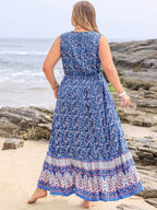 Plus Size Tied Printed Sleeveless Maxi Dress - Delanoir