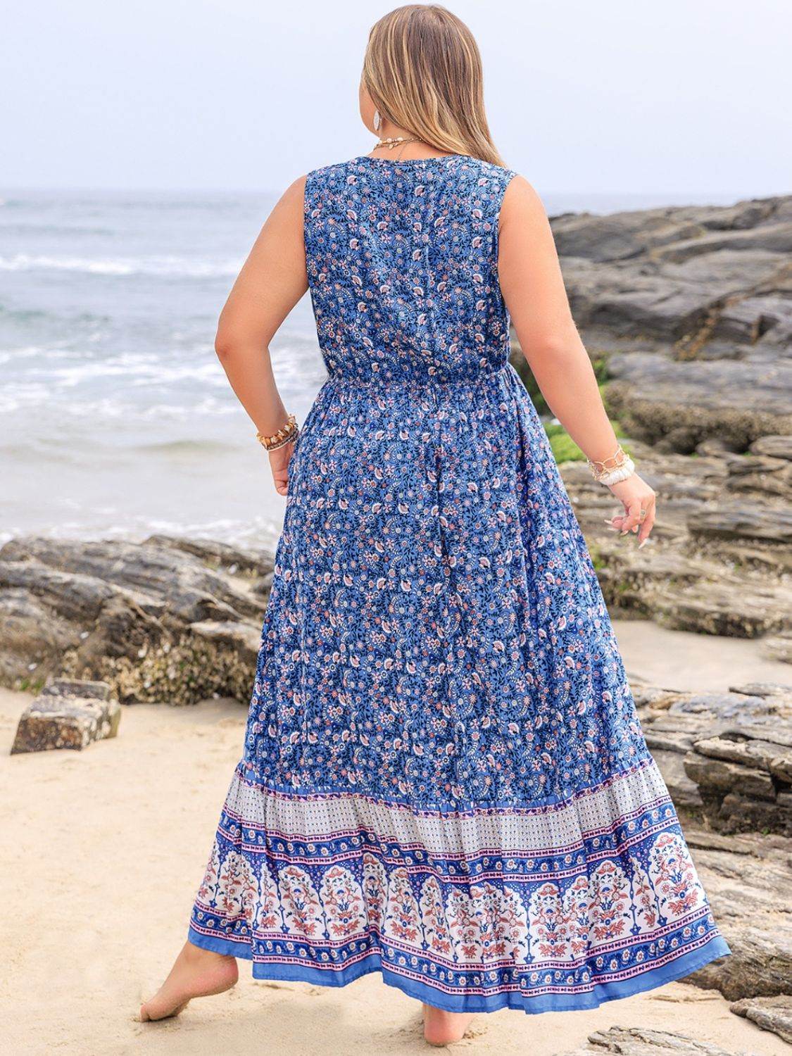 Plus Size Tied Printed Sleeveless Maxi Dress - Delanoir