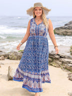Plus Size Tied Printed Sleeveless Maxi Dress - Delanoir