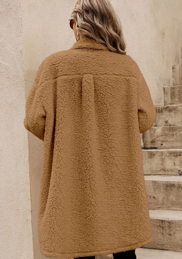 Collared Neck Long Sleeve Longline Teddy Jacket - Delanoir