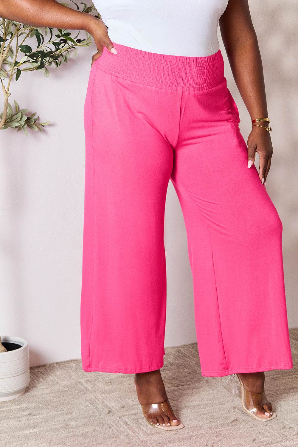 Double Take Full Size Smocked Wide Waistband Wide Leg Pants - Delanoir