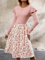 Ruffled Floral Long Sleeve Knee Length Dress - Delanoir