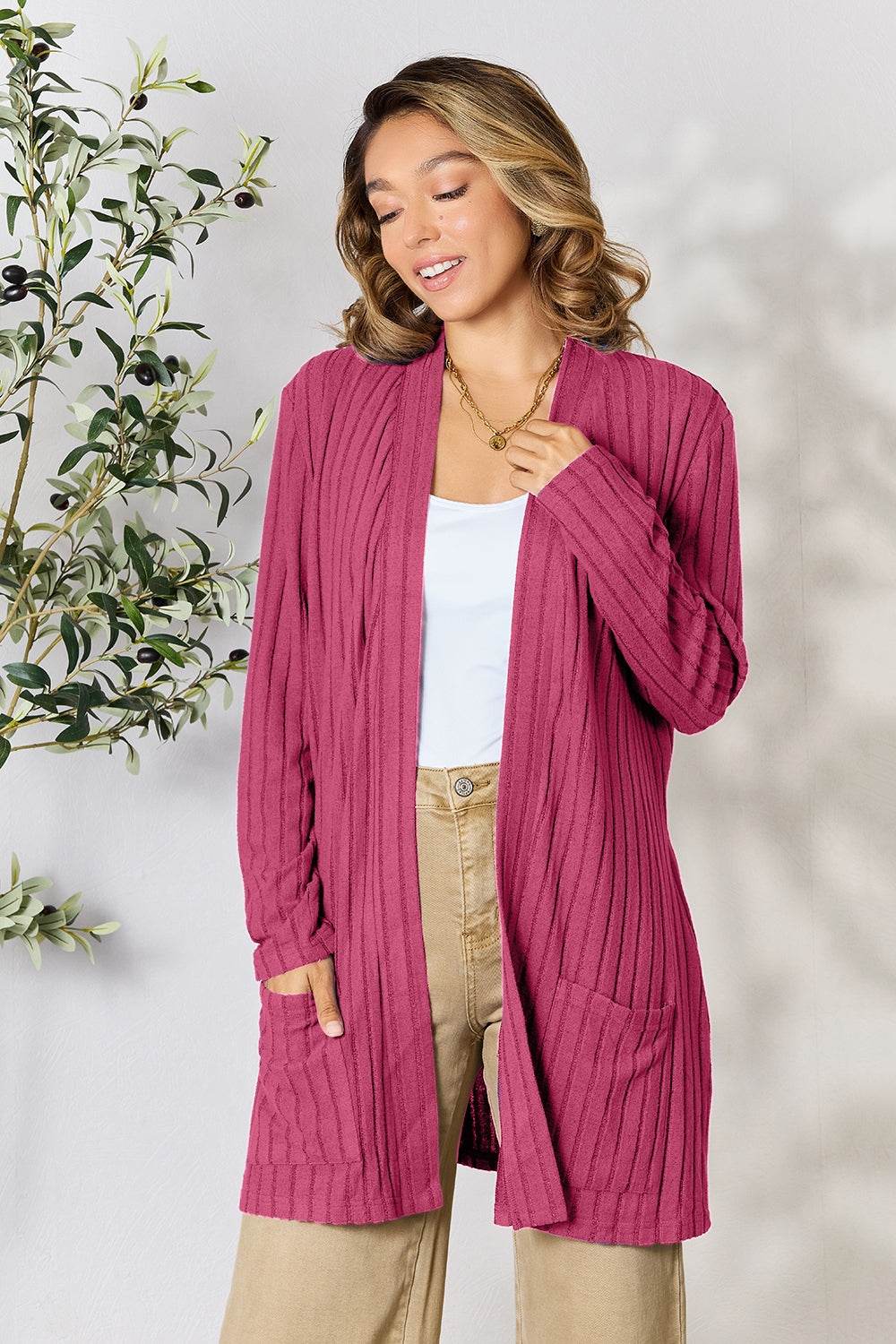 Basic Bae Full Size Ribbed Open Front Cardigan with Pockets - Delanoir