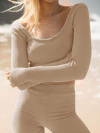 Scoop Neck Long Sleeve Top and Shorts Set - Delanoir