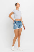 Lovervet Stepped Waist Raw Hem Denim Shorts - Delanoir