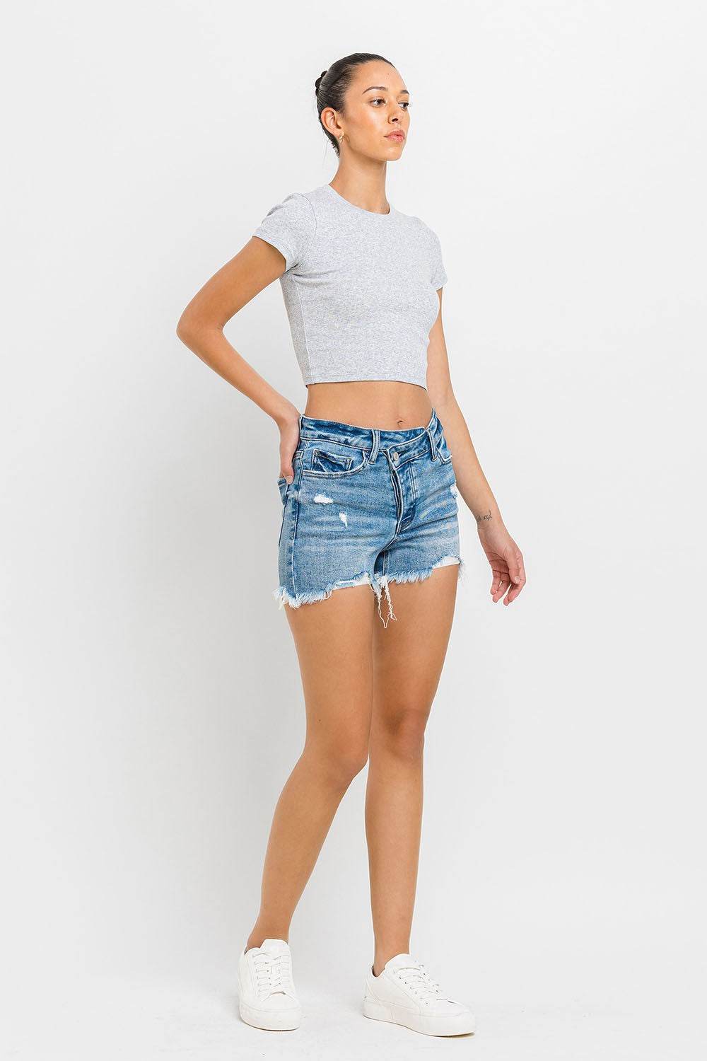 Lovervet Stepped Waist Raw Hem Denim Shorts - Delanoir
