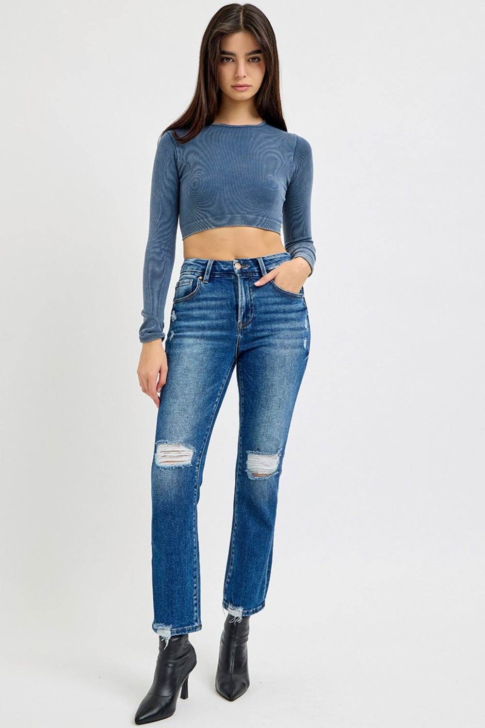 RISEN Full Size High Rise Distressed Crop Straight Jeans - Delanoir