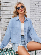 Button Up Long Sleeve Denim Jacket with Breast Pockets - Delanoir