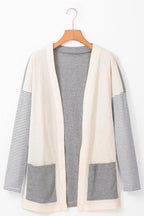 Open Front Long Sleeve Striped Cardigan with Pockets - Delanoir
