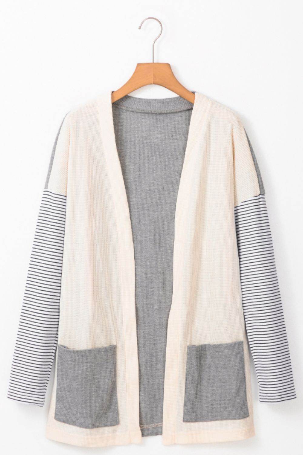 Open Front Long Sleeve Striped Cardigan with Pockets - Delanoir