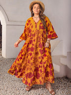 Plus Size Lace Detail Printed V-Neck Maxi Dress - Delanoir