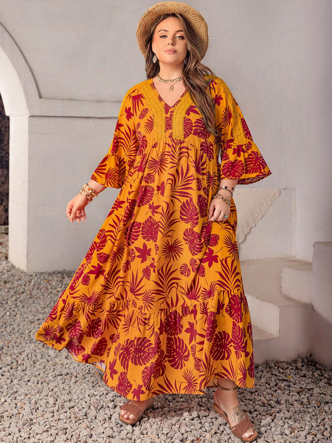 Plus Size Lace Detail Printed V-Neck Maxi Dress - Delanoir