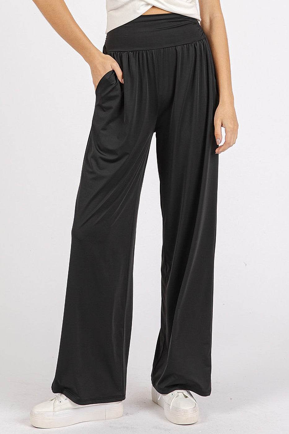 Mittoshop Stretch Banded Waist Wide Leg Pants with Pockets - Delanoir