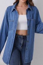 Striped Texture Collared Neck Denim Top - Delanoir