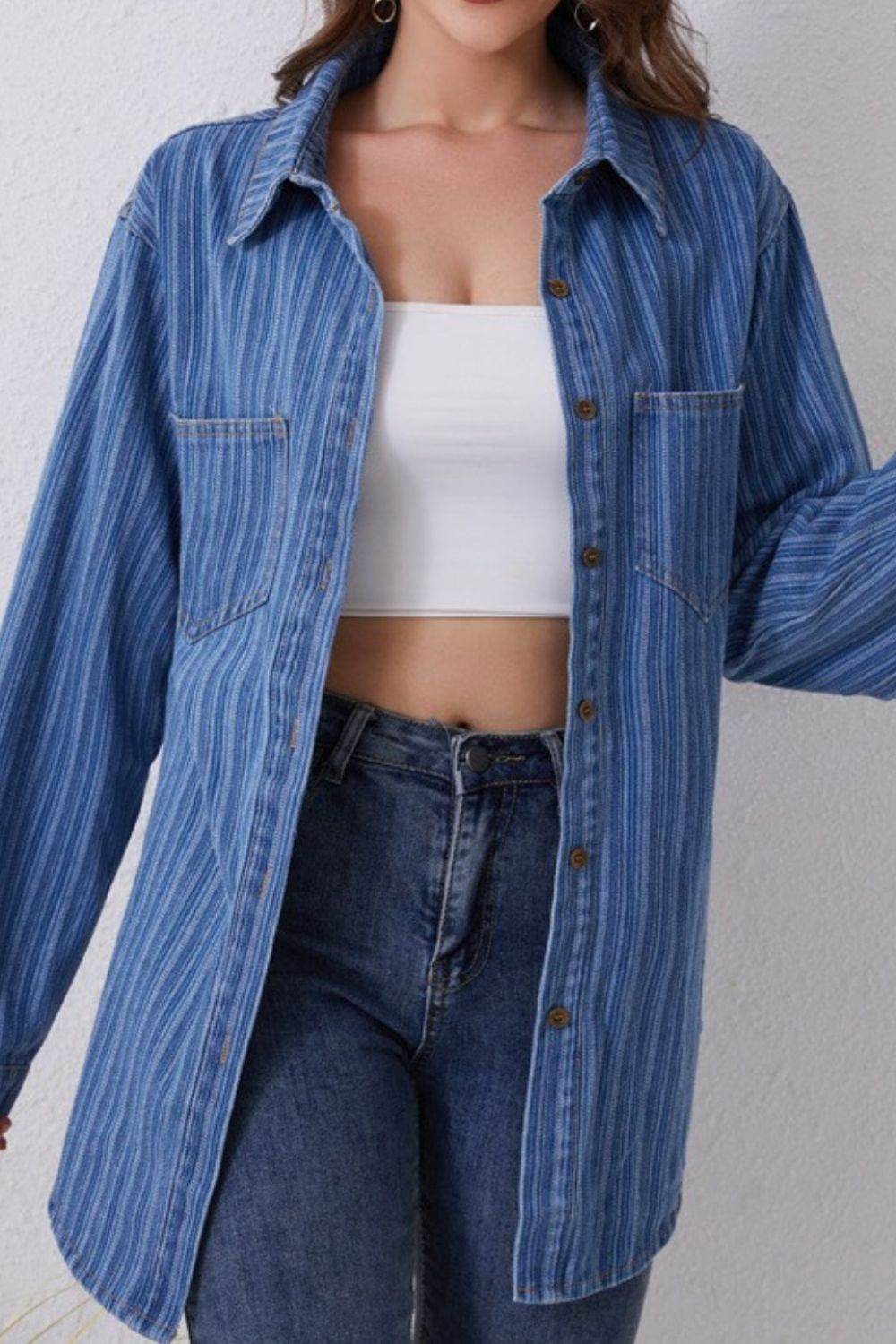 Striped Texture Collared Neck Denim Top - Delanoir
